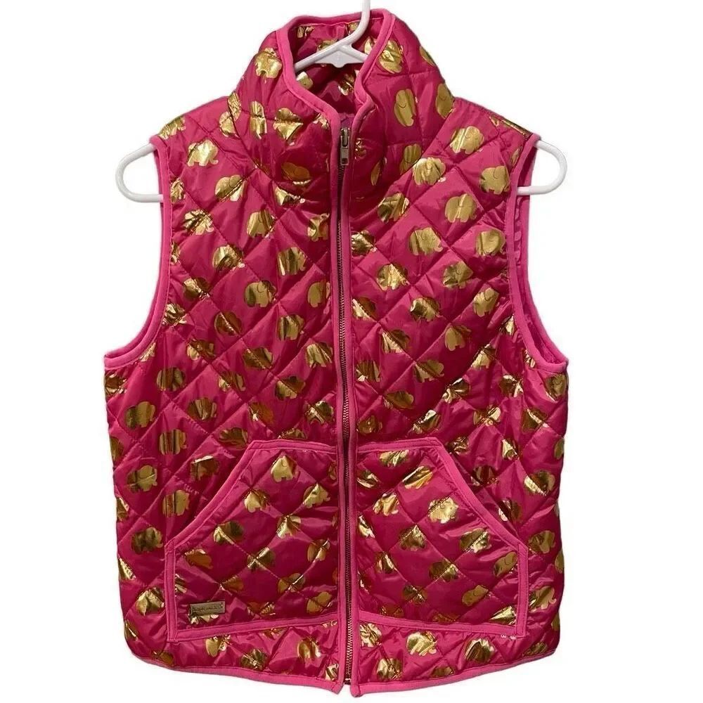 Simply Southern Womens Layering Vest S Pink Gold Foil Elephant Puffer Quilted